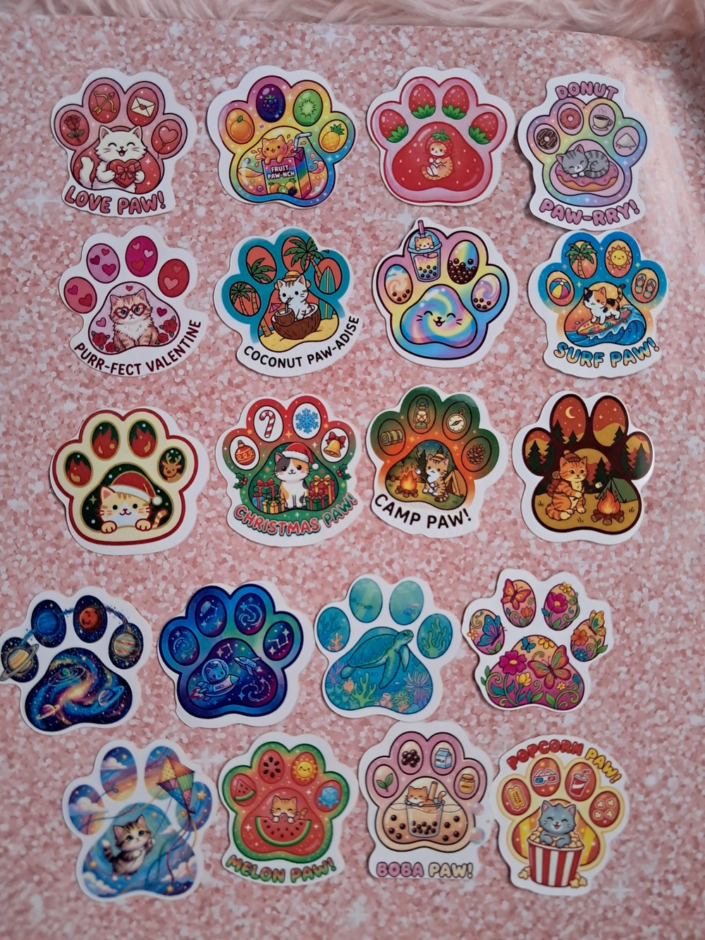 Adorable Assorted Theme Paw Print 20 Piece Sticker Set - Rainbow Cats